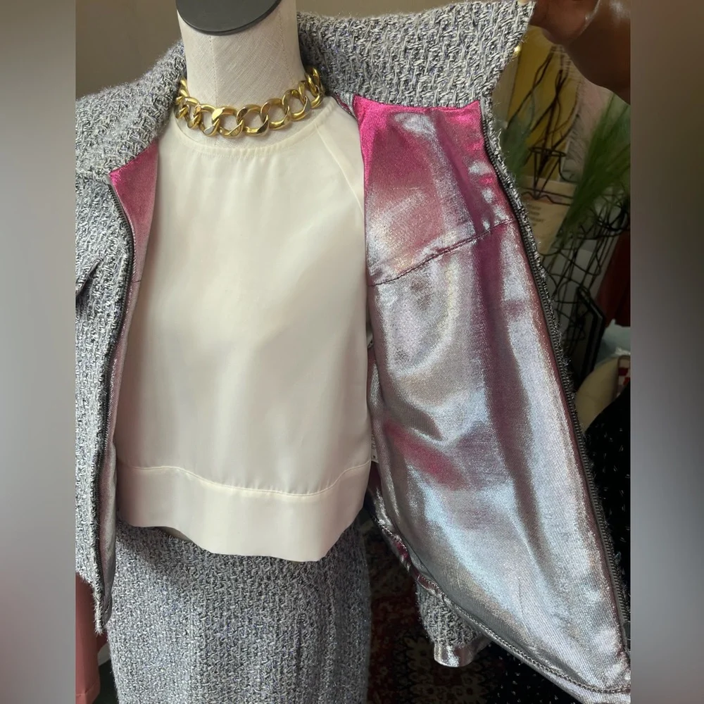 CHANEL Fantasy Tweed Jacket Gray and Metallic and Skirt Set